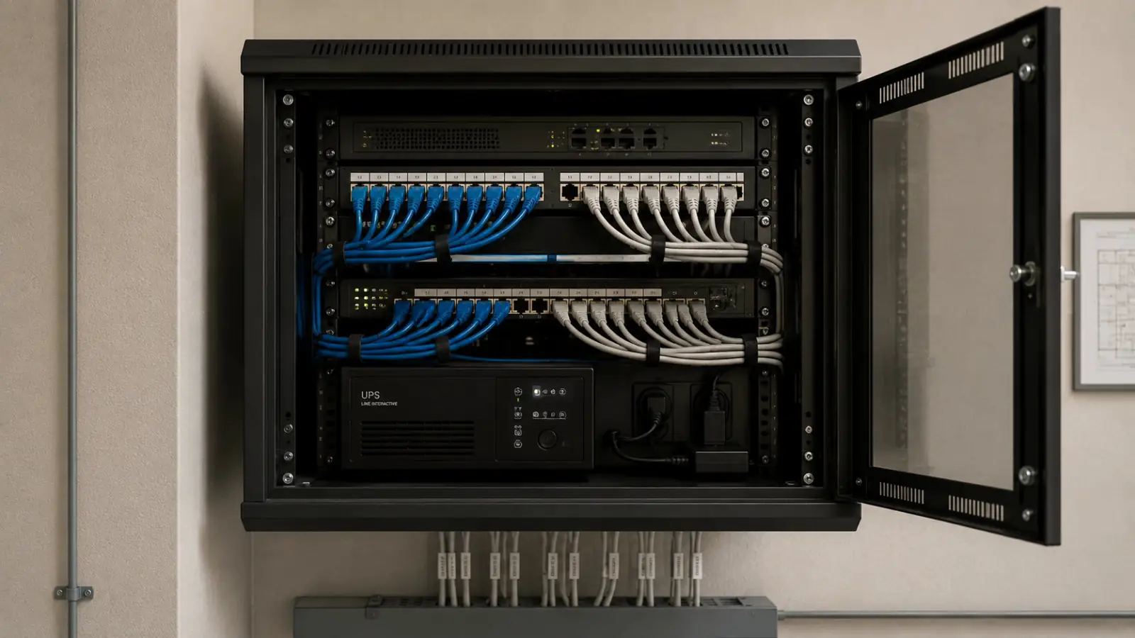 An open wall-mounted comms cabinet with a patch panel and a backup power unit
