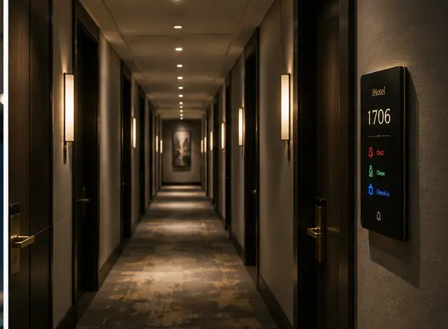 A hotel corridor with a lit door plate beside a guest-room door