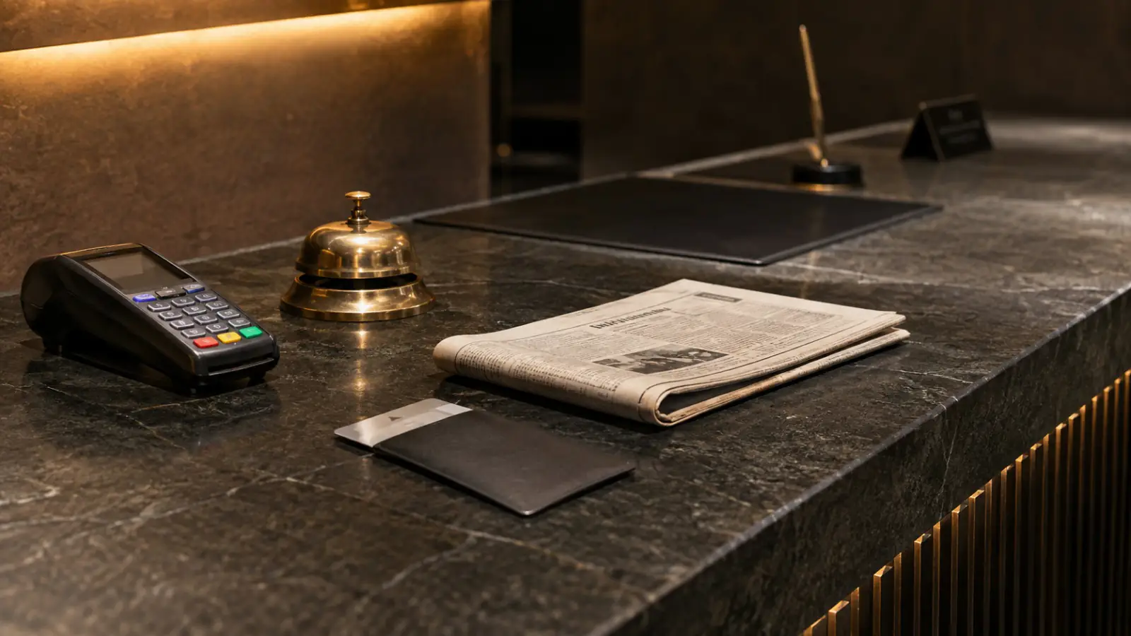 A hotel reception counter with a card terminal, a brass call bell and a folded newspaper
