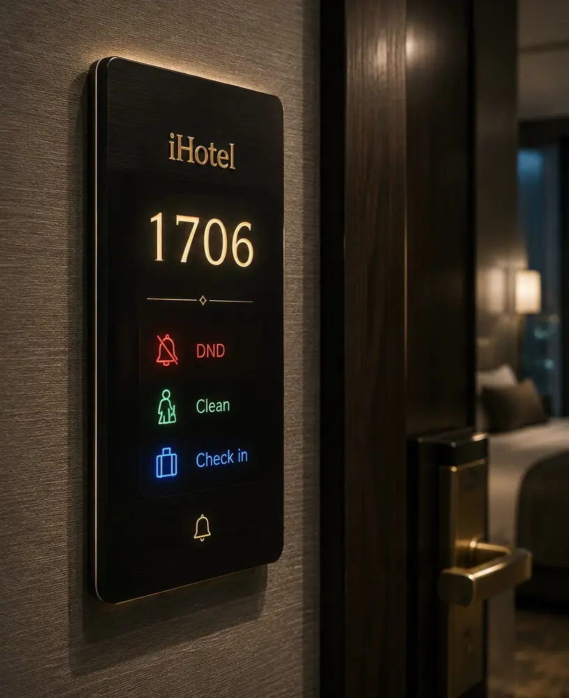 A lit door plate showing room 1706 with do-not-disturb, clean and check-in indicators