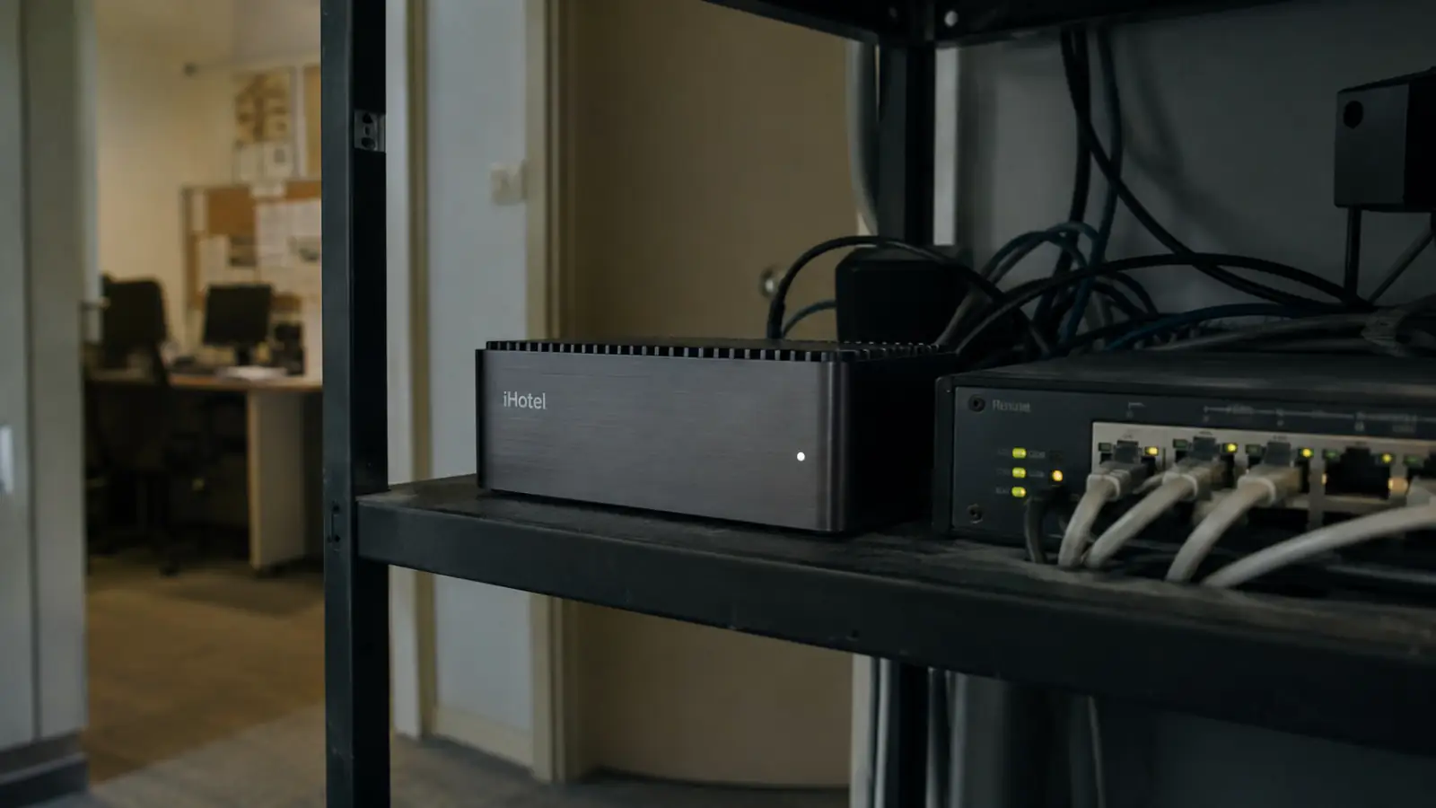 A small fanless mini PC on a shelf beside a network switch in a hotel back office