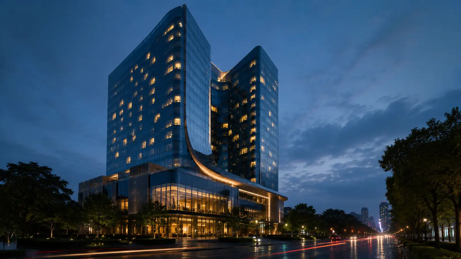A hotel tower at blue hour, guest-room windows lit in an irregular pattern