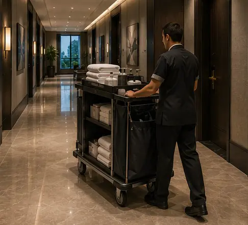 A housekeeping trolley in a hotel corridor mid-shift