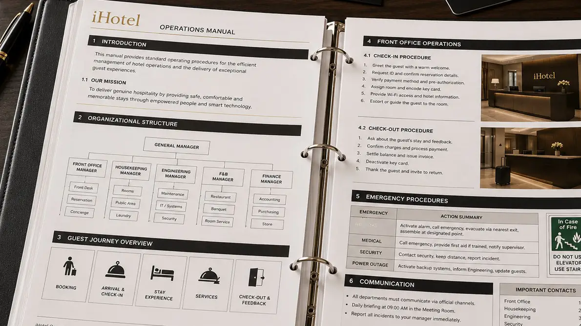 An iHotel operations manual open on a desk