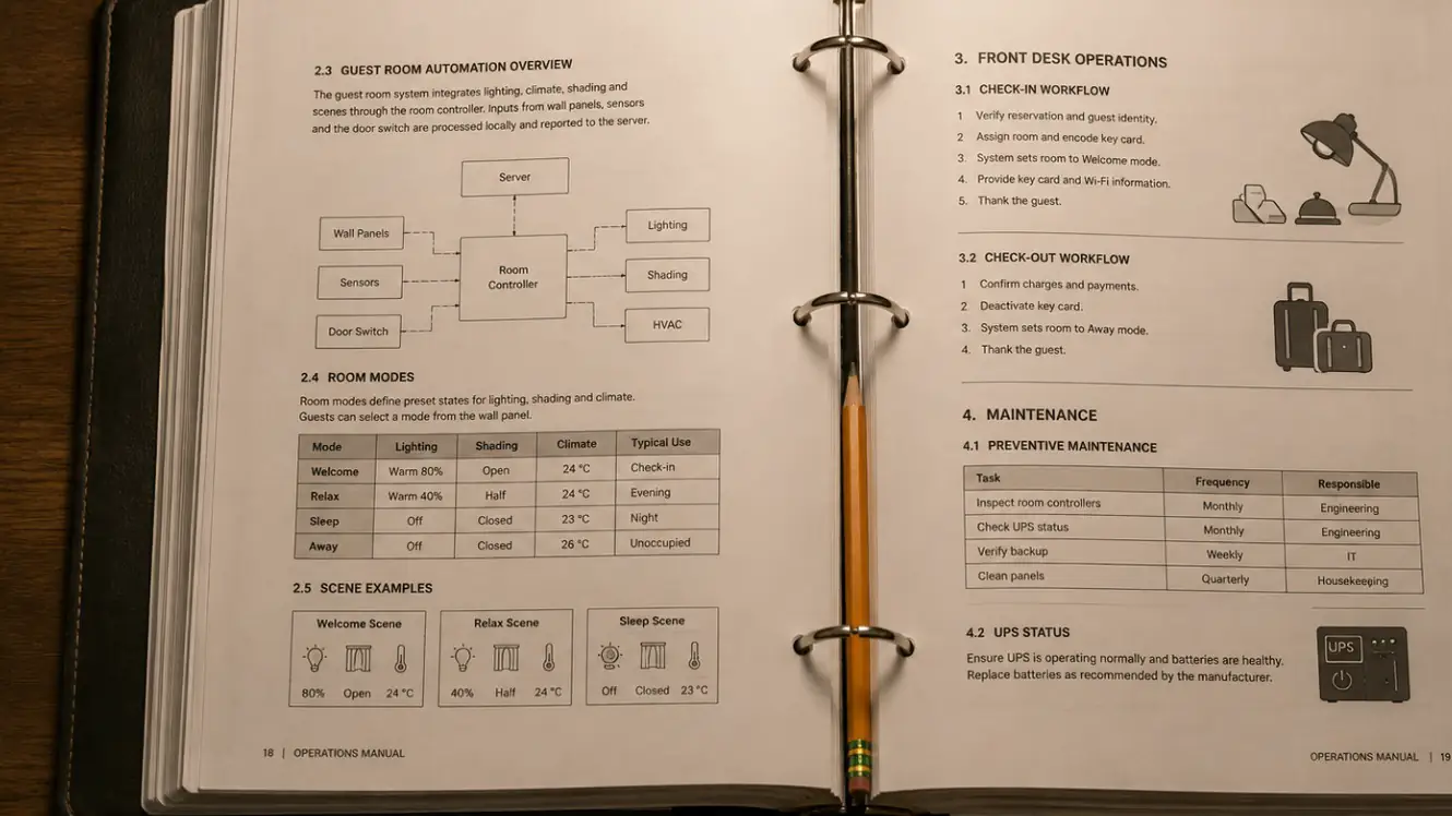 An operations manual open flat, showing room modes and workflows