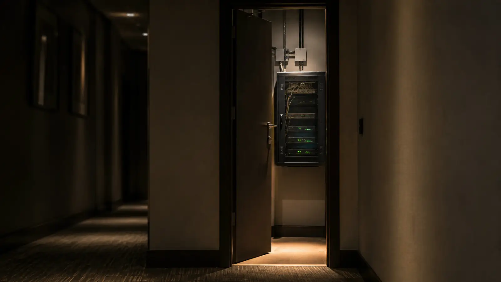 A service door left ajar, a rack of equipment lit inside