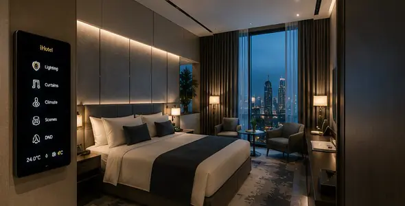 A guest room with a wall control panel beside the bed
