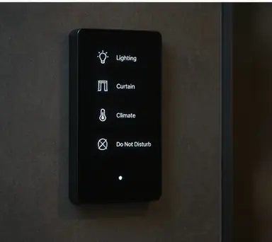 A wall control panel showing lighting, curtain, climate and do-not-disturb
